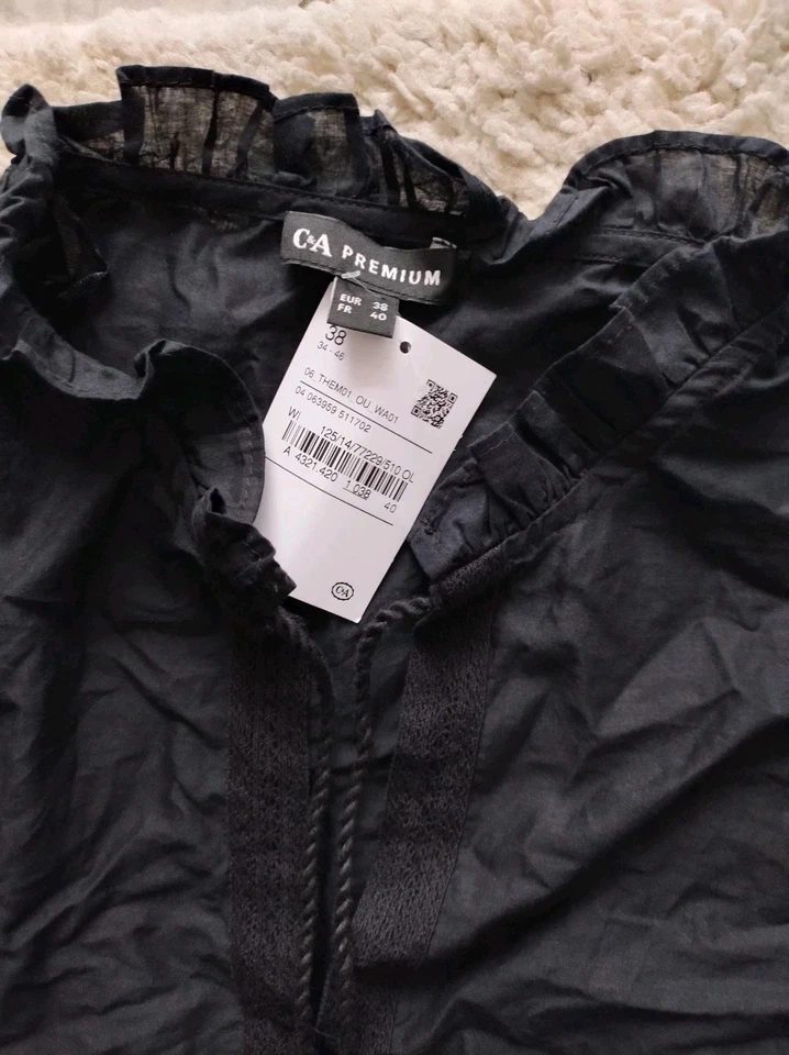 C&A Prémium Minikleid Baumwollkeid Puffärmel Stickerei Bindegürtel Schwarz M - Bild 3 von 4