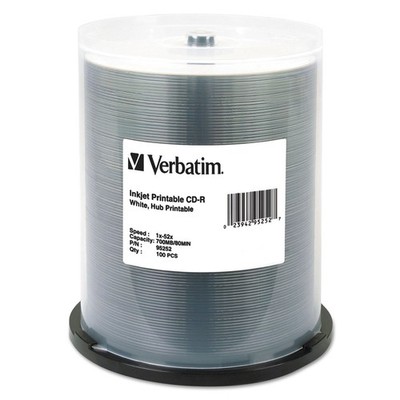 Verbatim? CD-R, 700MB, 52X, White Inkjet Printable, Hub Printable, 100/PK Spindl