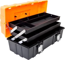 17-Inch Plastic Tool Box, 3-Tier Multi-Function Storage Organizer, Black/Orange