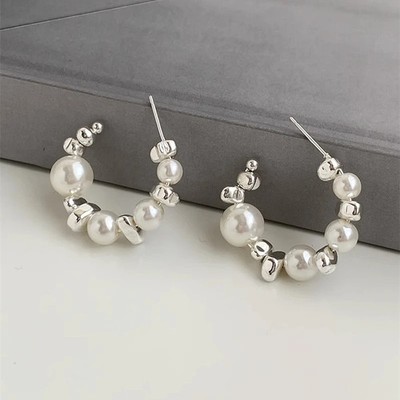 Gold Tone Faux Pearl Gravel Drop Earrings Women Irregular Round Modern Jewelry