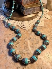 Collier perles pierre naturelle Turquoise argenté turquoise ancien - 55 cm