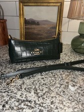 Coach Shoulder Bag Gold Hardware Detachable Strap- Croc Style Dark Green