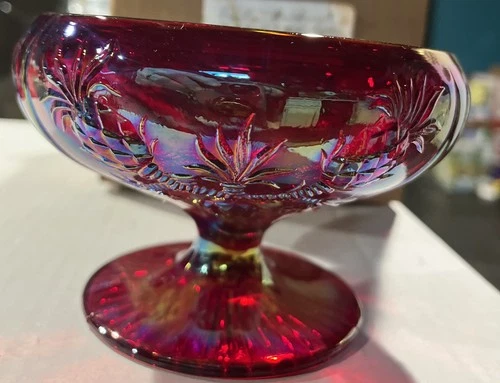 Vtg Fenton Pineapple Red Iridescent Carnival Glass Pedestal Candy Dish Box FACGA