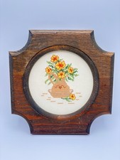 Vintage Miniature Needlepoint Cross Stitch Floral Wood Frame Wall Art Handmade