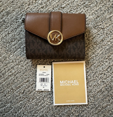 Michael Kors Brown MK Logo Bifold Snap Wallet w/ Zip Coin Pouch, Card Slots