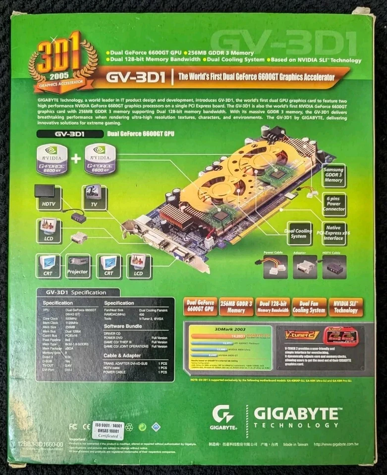 Gigabyte GV-3D1 GTX6600GT X2 SLI Dual GPU Graphics Card - Image 2 of 4