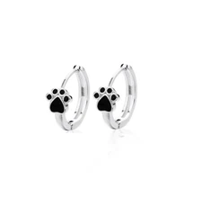 Women Girl 925 Silver Plated Black Enamel Paw Print Huggie Hoop Earrings L39