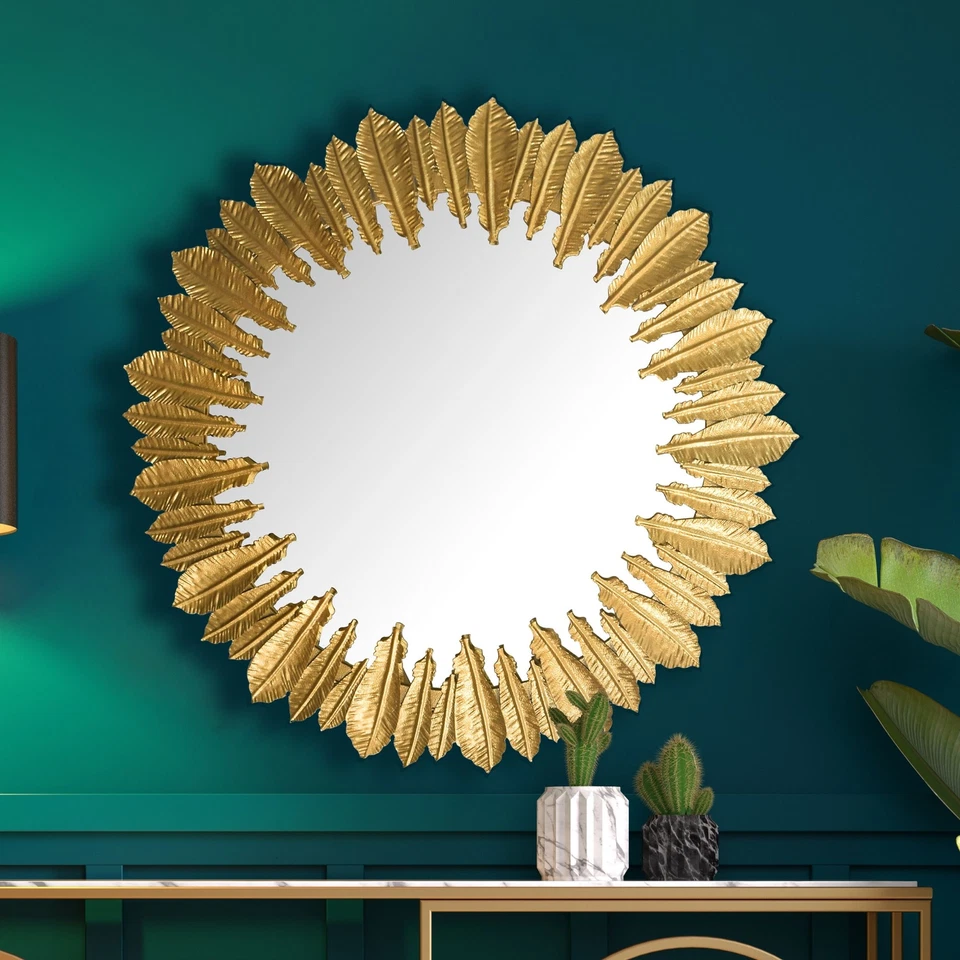 FineBuy Miroir Murale Plumes Métal 68 cm Miroir Mur Couloir Grand Moderne Doré - Photo 1/4