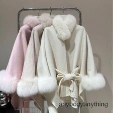 Women Double Sided Wool Real Fox Fur Collar Cape Cloak Coat Winter Overcoat Fall