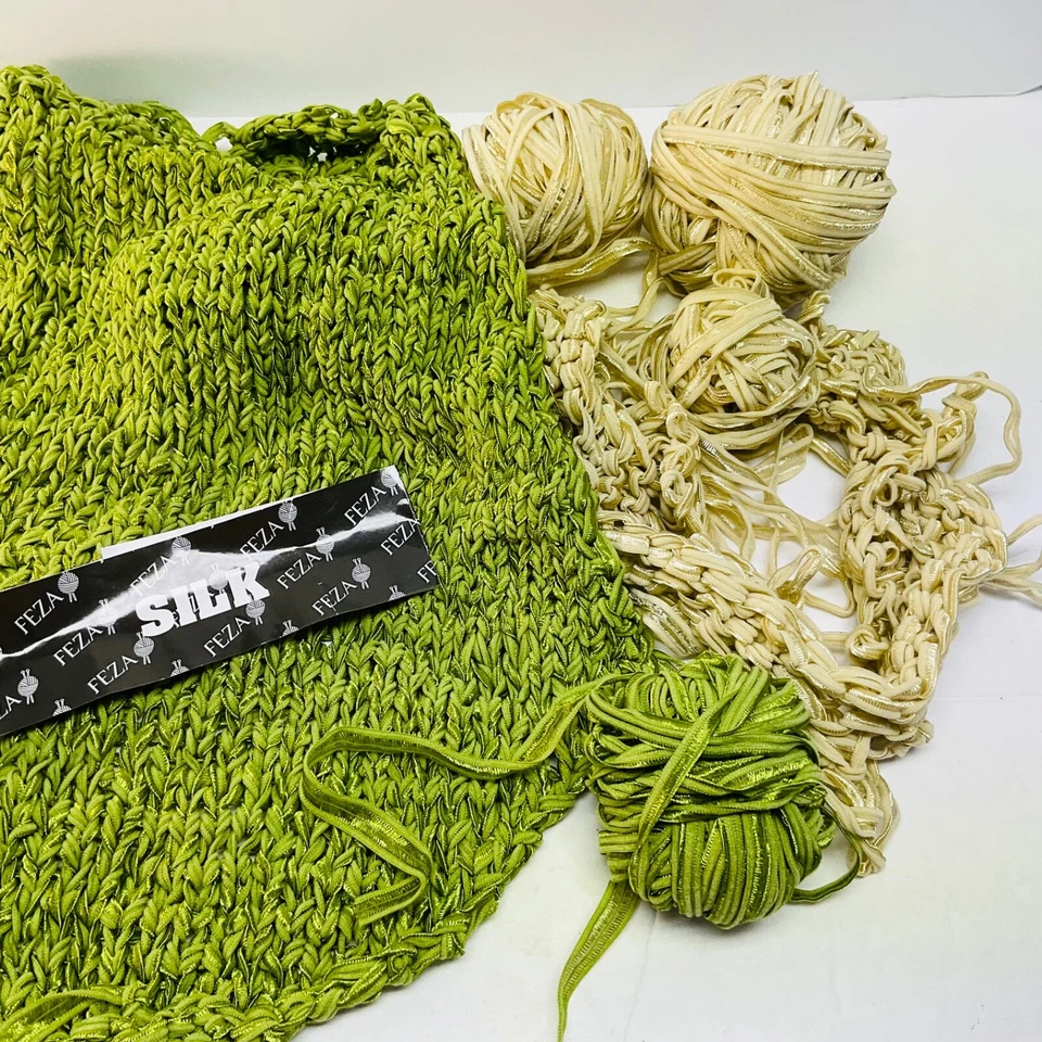 Feza Ribbon Yarn Named SilkBut 100% Poly Lot of Started Project & Balls - Image 4 of 4