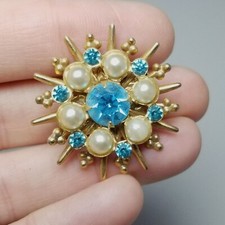 Vintage Blue and Faux Pearl Rhinestone Brooch, Gold Tone Radiant Starburst Pin