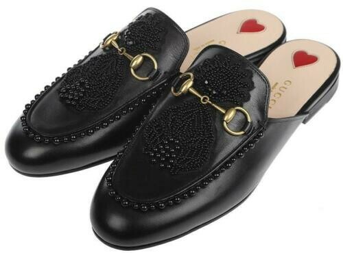 UNIQUE GUCCI BLACK LEATHER PRINCETOWN HORSEBIT BEADED APPLIQUE MULES 39 NWT - Picture 4 of 12