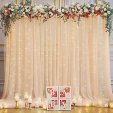 10 10ft Champagne Tulle Backdrop Curtain with Lights 10ftx10ft,