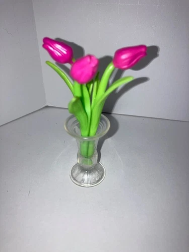 Barbie Vintage Clear Vase w/Stemmed Roses-Table Centerpiece or Diorama Accessory