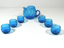 Vintage Blue Glass Pitcher and 6 Glasses
