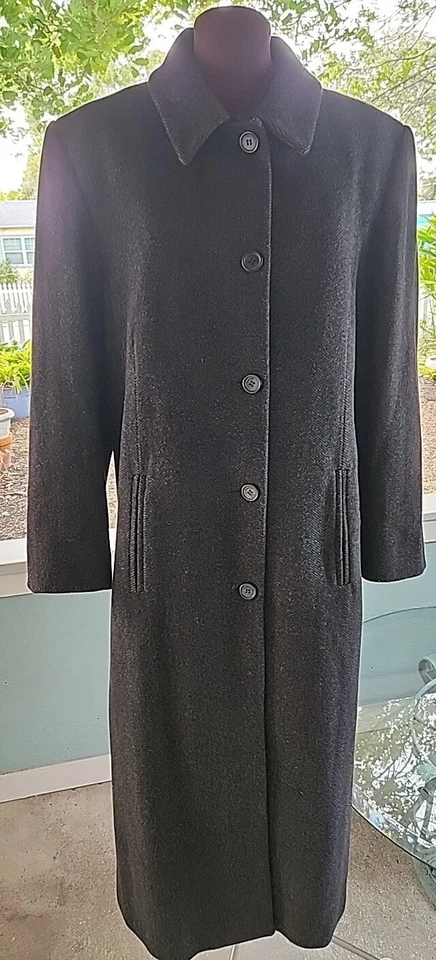 Abrigo Liz Claiborne Gris Lana Cachemira Espiga Botón Delantero Maxi Forrado 18
