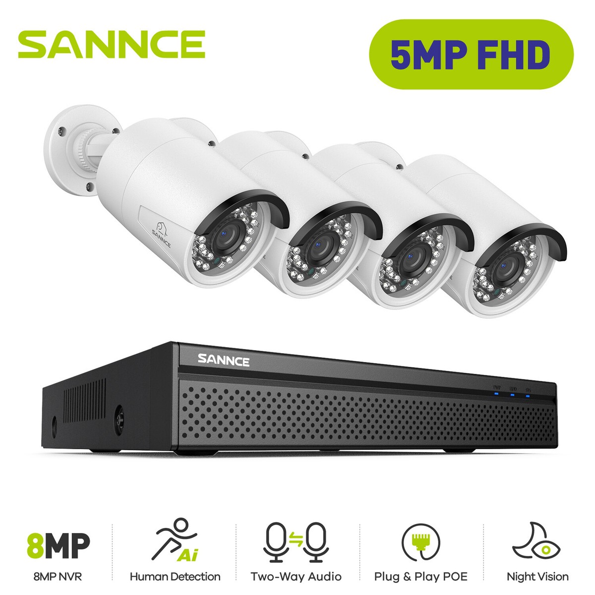 SANNCE 5MP Audio POE Security Camera System 4K 8CH NVR Outdoor 
