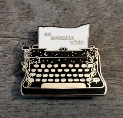 Owlcrate #78 Black, Whimsical Typewriter ''ex scientia ultimo'' Text Lapel Pin