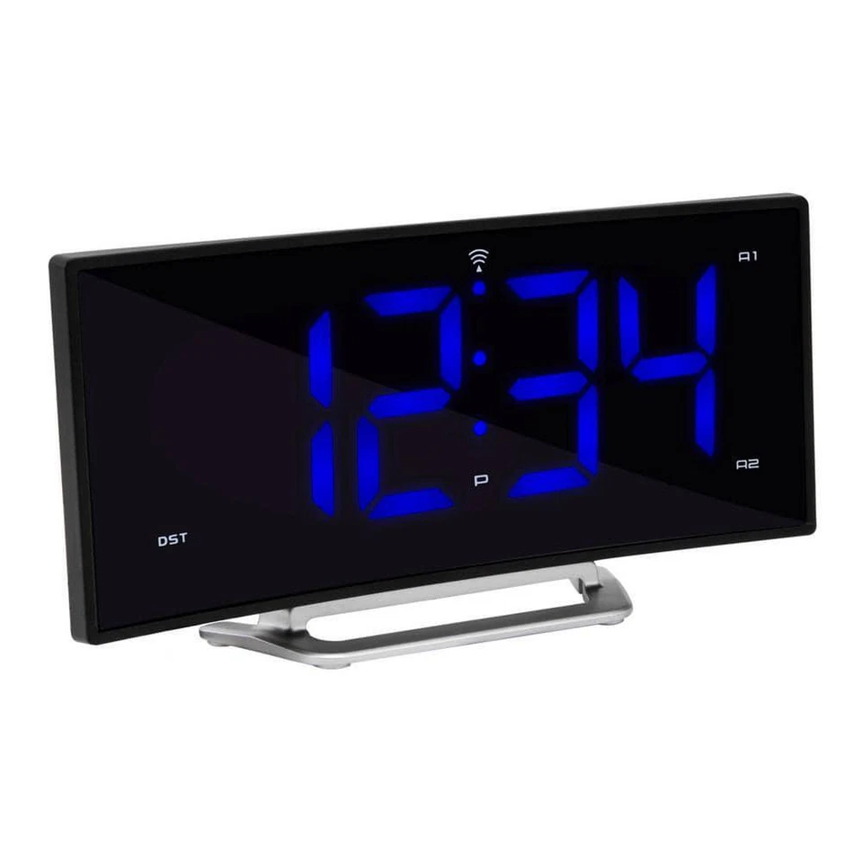 Dual Alarm Clock 1.8" W Curved Blue LED Atomic Large Digital Time Charging Port - Image 3 of 4