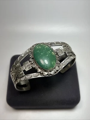 Navajo Harvey Era Sterling Silver Yei Stick Man Green Turquoise Cuff Bracelet - Image 1 of 4