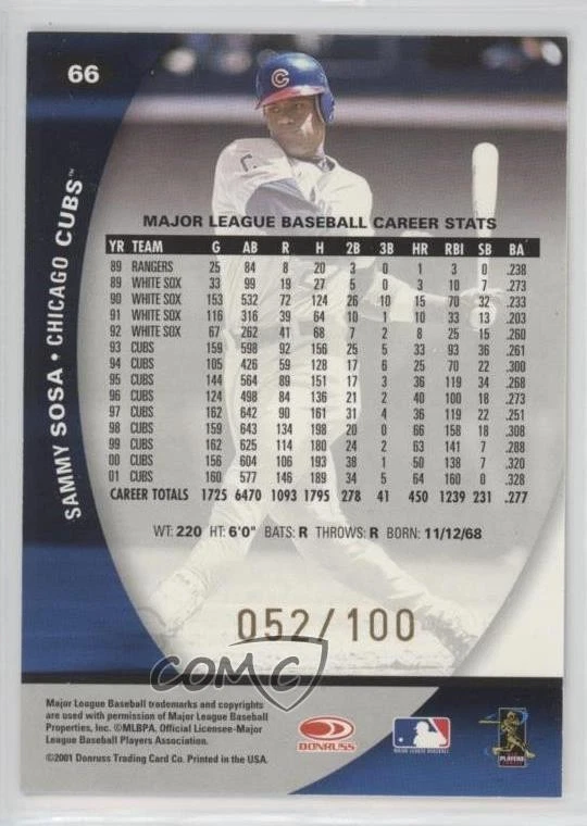 2001 Donruss Class Of 2001 First Class /100 Sammy Sosa #66 - Image 2 of 2