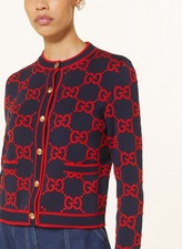 Gucci GG Monogram Jumbo Jacquard Knit Cotton Crewneck Cardigan Red Size M