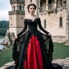 Black Red Gothic Victorian Wedding Dress Lace A-line Trailing Gothic Bridal Gown