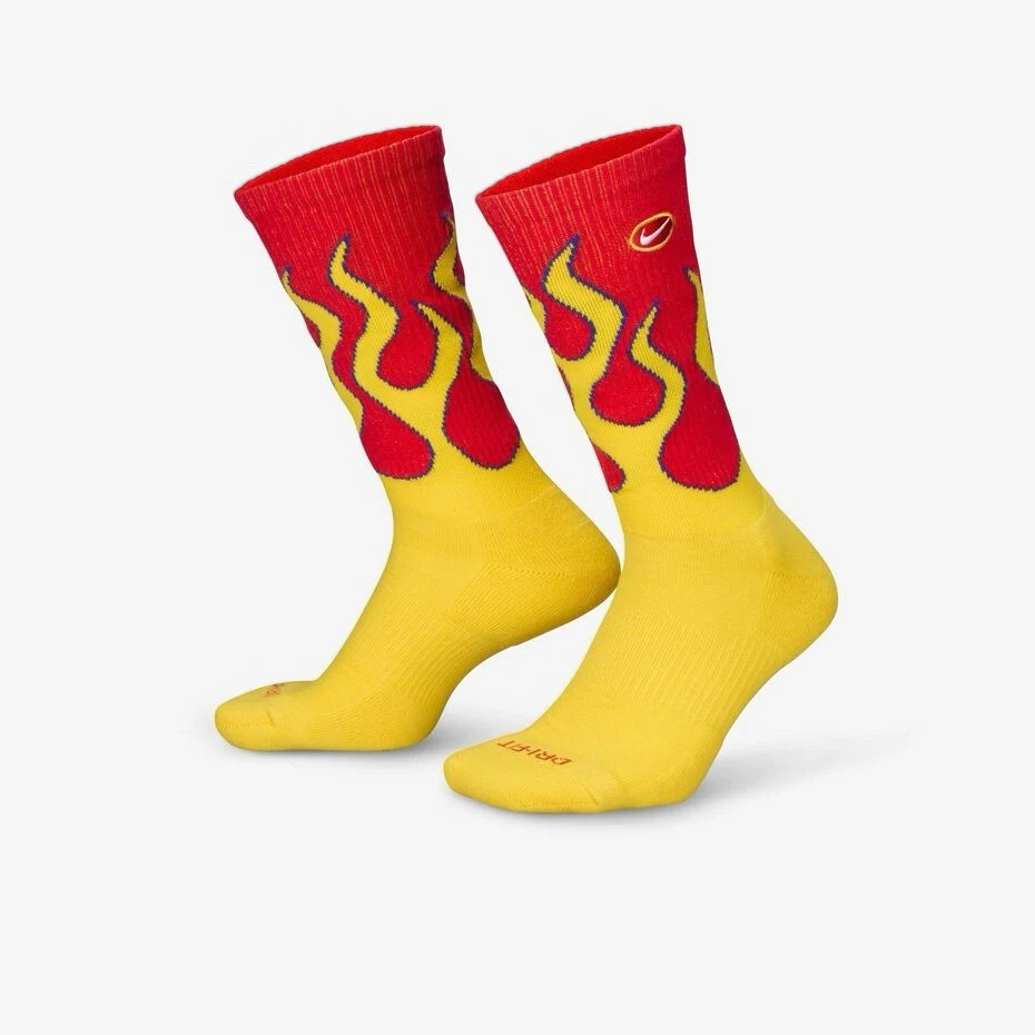 Nike Everyday Plus Dri-Fit Flames Crew Socks Black Tour Yellow Sz M Mens UK 5-8
