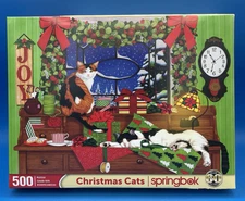 Springbok Puzzle Christmas Cats 500 pc Orange Black White Kitty Complete Clean