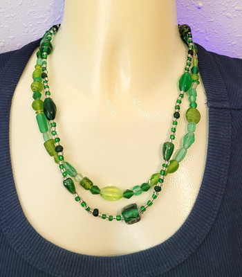 Green Glass Beaded Layered Necklace 17'' and 19'' Artisan Made Lot of 2