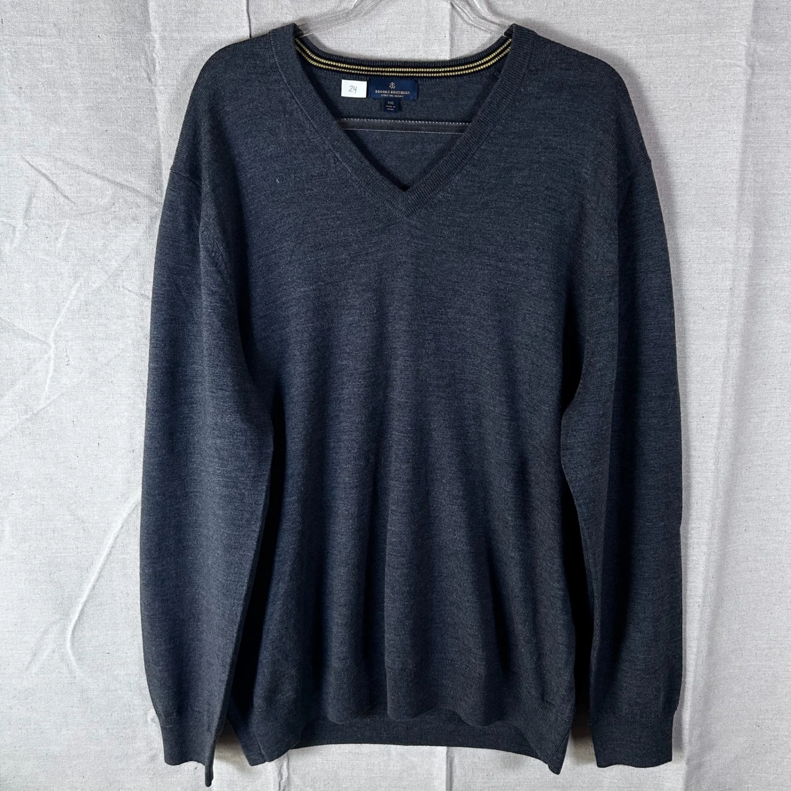 Brooks Brothers Mens XXL Extra Fine Merino Wool V-Neck Sweater Charcoal Gray
