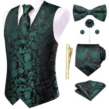 Silk Mens Suit Vest Tie and Bowtie Lapel Pin Gold Tie 3X-Large Black and Green