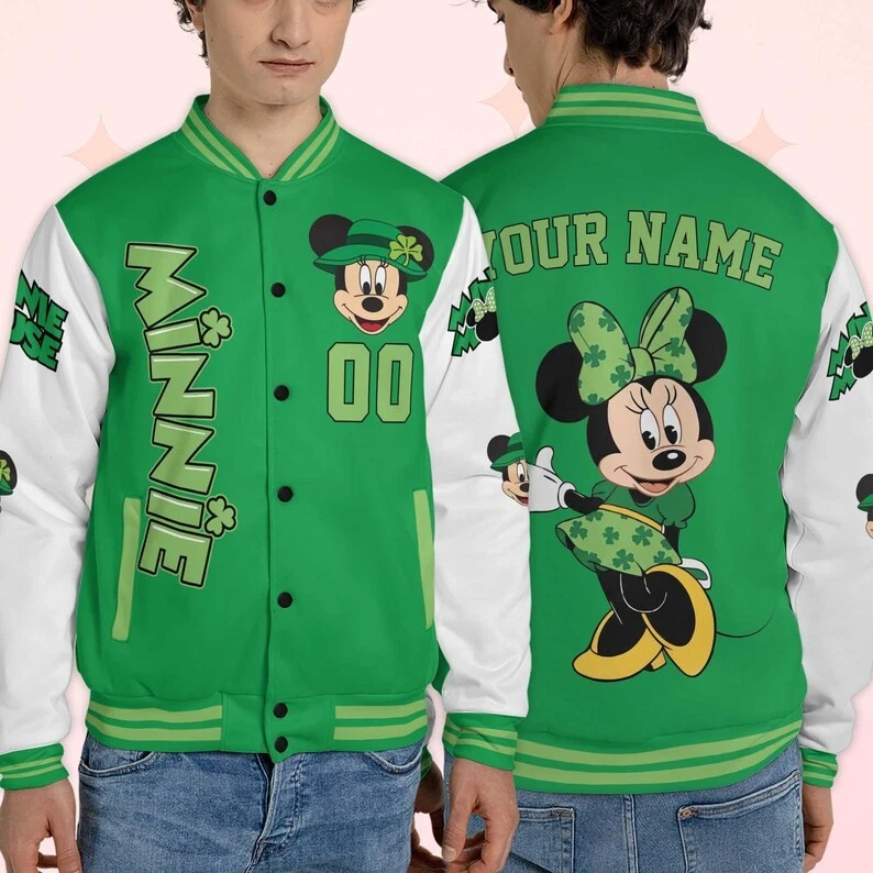Personalized Cute Minnie Mouse Lucky Shamrocks St. Patrick's Day Baseball Jacket
