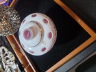 Hand Painted Cranberry Art Glass Lamp Body Floral Pink Gold Accents Cut Openings — photo 6