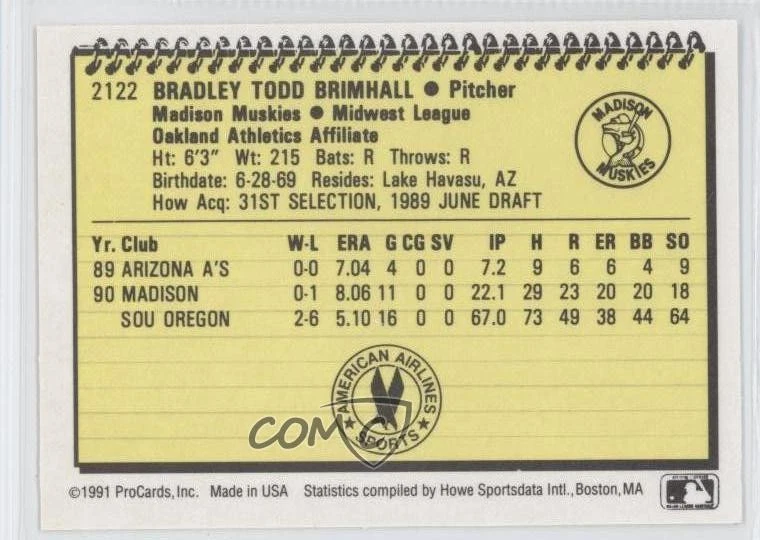 1991 ProCards Minor League Bradley Brimhall Brad Brimhall #2122 - Image 2 of 2