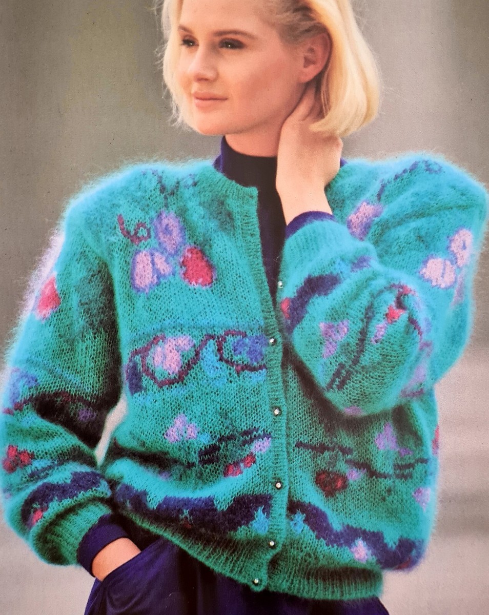 1980s Floral Vine Mohair Jacquard Cardigan Knitting Pattern Flower
