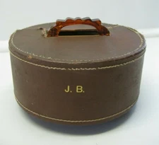 Vintage Wooden Poker Caddy Bakelite Handle Spinning Leather Monogrammed Cover JB