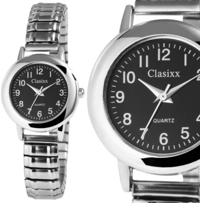 Damenuhr Armbanduhr Schwarz Silber Zugarmband Stretchband Flex