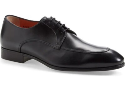 Santoni Atwood Apron Toe Derby Lace Up Black Leather Dress Shoes