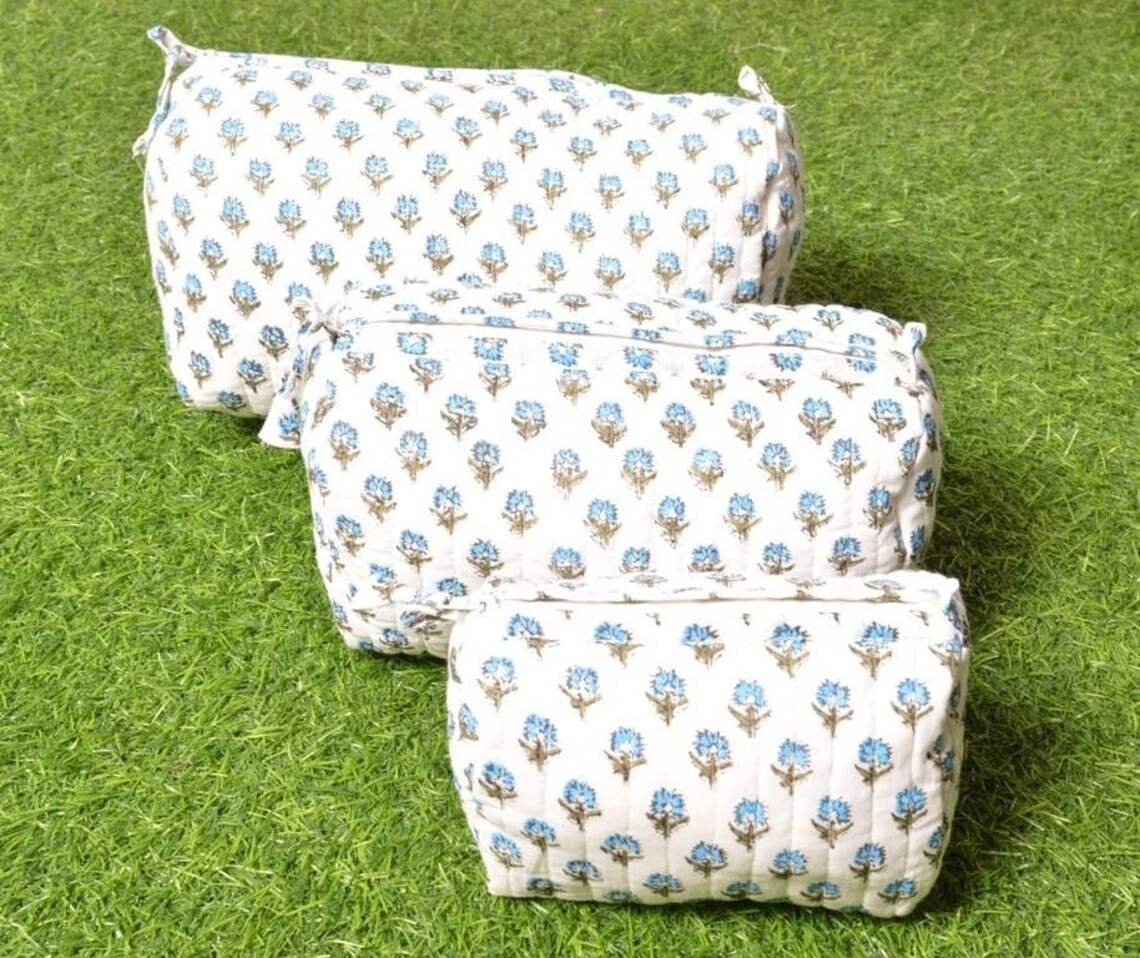 3 Piece Hand Block Printed Cotton Quilted Toiletry Purse Cosmetic Storage Bag