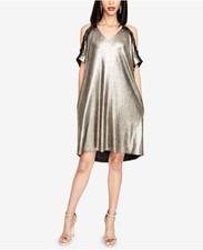 $220 Rachel Roy Women'S Gold Cold-Shoulder V-Neck Shift Dress Size L