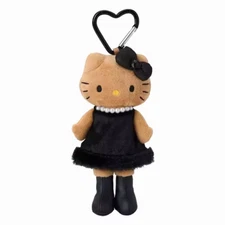 New Sanrio Hello Kitty BLACK Pearl Furry Dress Print Plush Key Chain Bag Holder