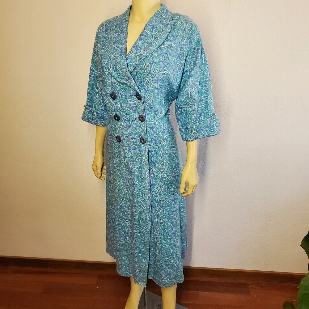 Vintage 50s Corduroy House Dress Plus Blue Paisle… - image 6