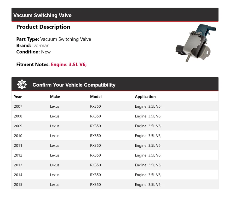 适用于 2007 - 2015 雷克萨斯 RX350 3.5L V6 Dorman 真空开关阀 2008 2009 2010 — 第 2/4 张图片