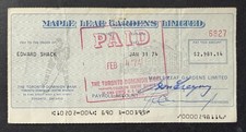 1974 Eddie Shack Donald Crump Jim Gregory Signed Cheque Maple Leafs Hockey