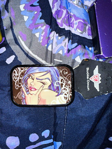 Buckle-Down Metal Belt Buckle Interchangeable 1.5in Black Purple Girl Art