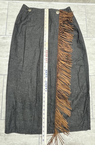 Vintage Veronica Prida Suede Fringe Black Denim Wrap Around Skirt Med. - Picture 7 of 14