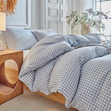 Grid Queen Duvet Cover Set - Blue Plaid Checkered Washed Microfiber Comforter...