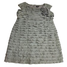 Adrianna Papell Dress Womens 16W Silver Metallic Ruffle Flower Pleated Sheath