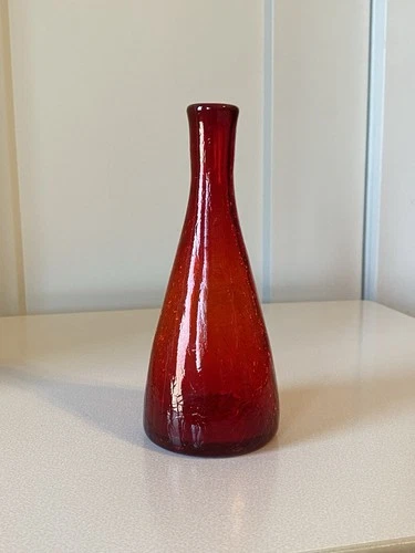 Vintage Blenko Ruby Red Crackle Glass 920s Vase Decanter - NO stopper - GLOWS!